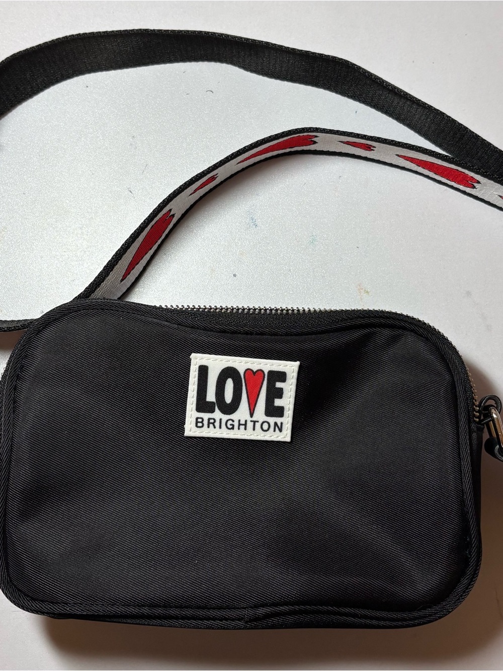 Brighton Black Crossbody with Red-Heart Strap Accent